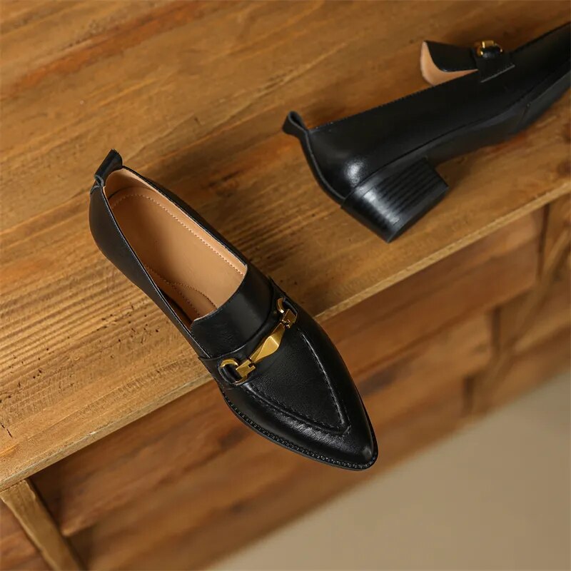 Women Chunky Heel Cow Leather Oxfords British Style Pumps