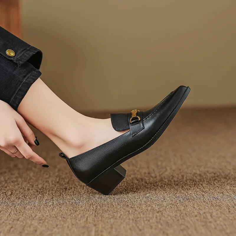 Women Chunky Heel Cow Leather Oxfords British Style Pumps