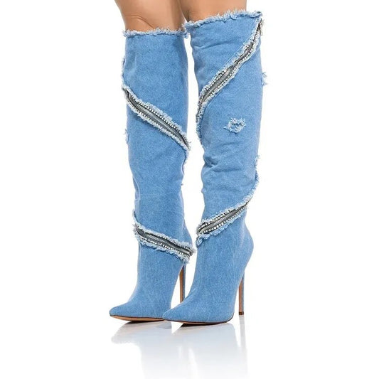 Women Elegant Pointed Toe Stiletto Heel Denim Boots