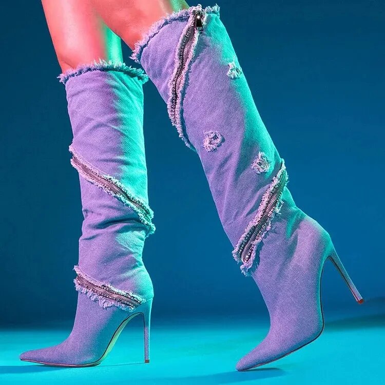 Women Elegant Pointed Toe Stiletto Heel Denim Boots