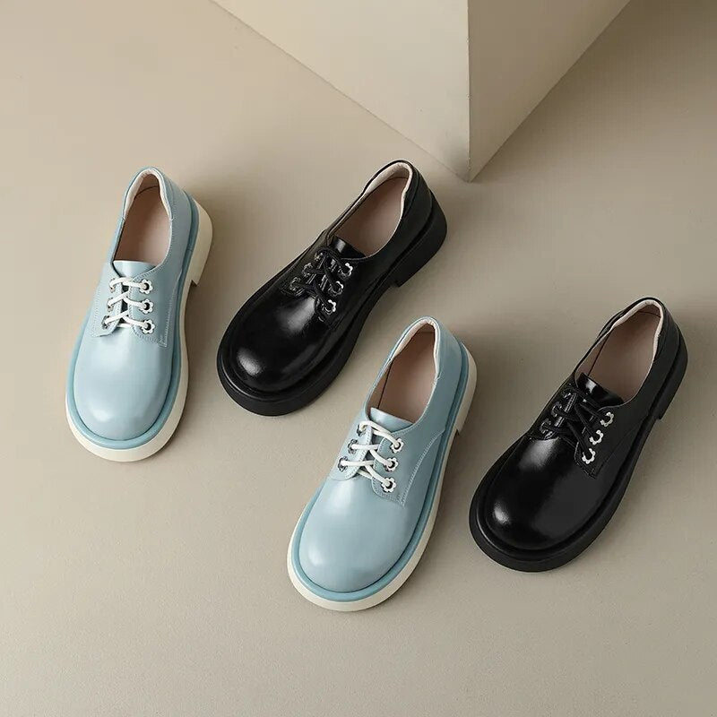 Women Genuine Leather Round Toe Oxford Loafers