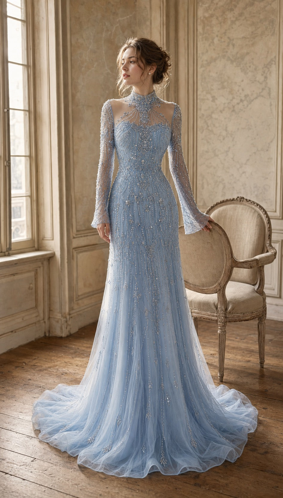 Azure Aria Beaded Lace Gown