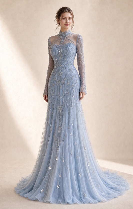 Azure Aria Beaded Lace Gown