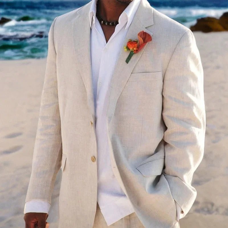 Beige Linen Wedding Suits For Men Beach - LiveTrendsX