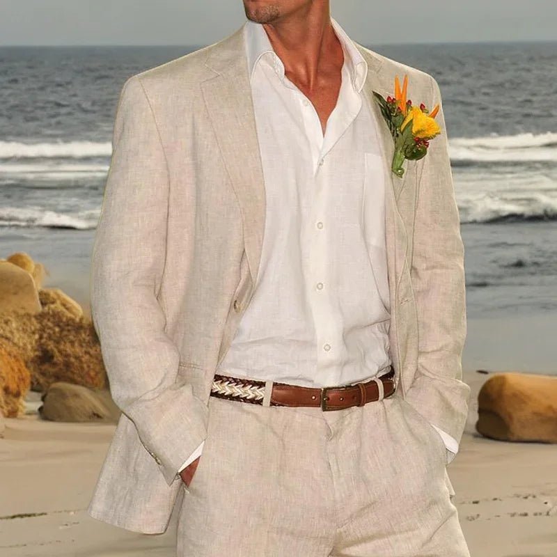 Beige Linen Wedding Suits For Men Beach - LiveTrendsX