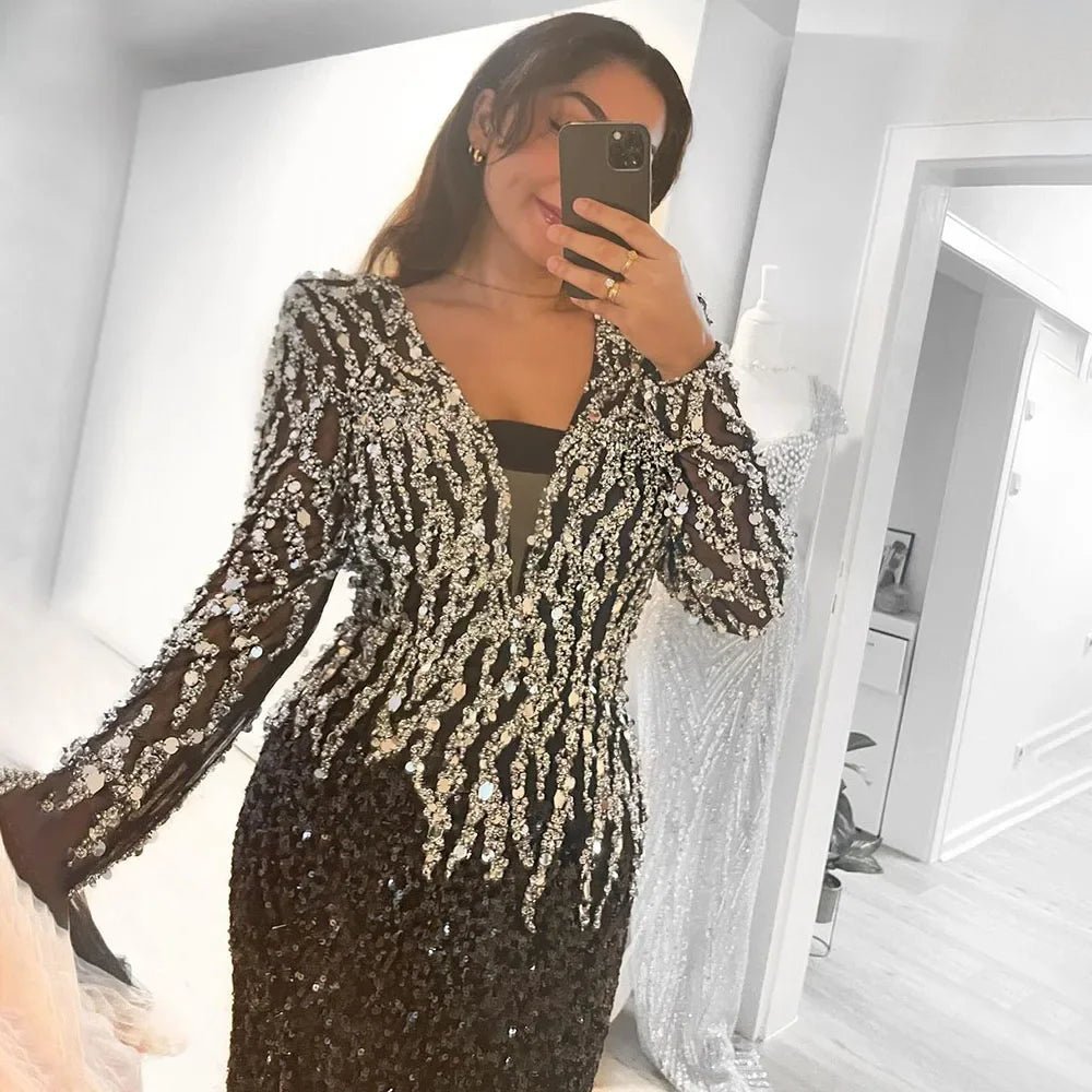 Black Elegant Mermaid Dress Adorned with Beads for Women - LiveTrendsX