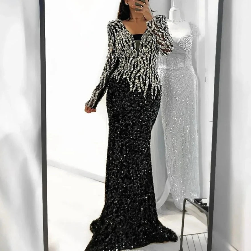 Black Elegant Mermaid Dress Adorned with Beads for Women - LiveTrendsX
