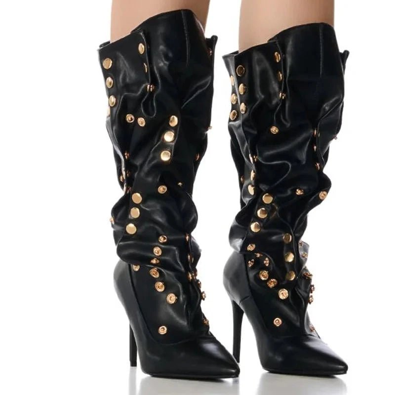 Black Knee - High Boots with Gold Studs and Stiletto Heel - LiveTrendsX