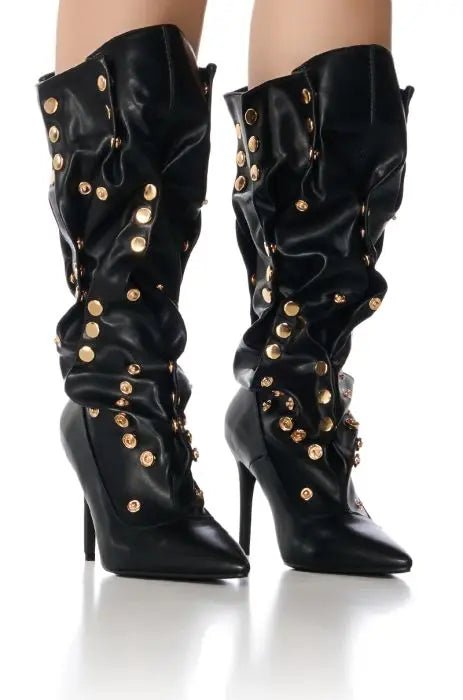 Black Knee - High Boots with Gold Studs and Stiletto Heel - LiveTrendsX