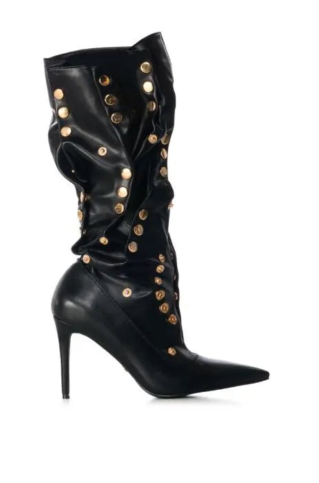 Black Knee - High Boots with Gold Studs and Stiletto Heel - LiveTrendsX