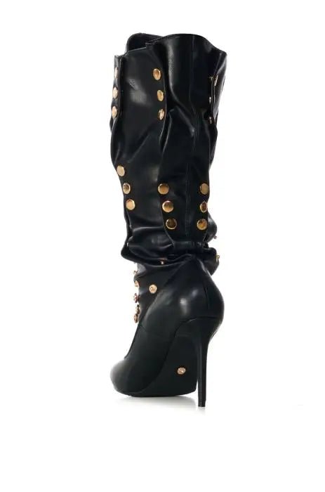 Black Knee - High Boots with Gold Studs and Stiletto Heel - LiveTrendsX