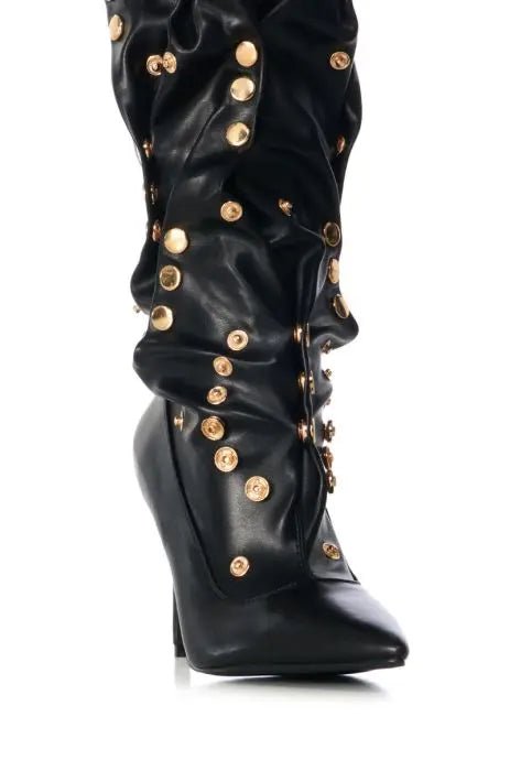 Black Knee - High Boots with Gold Studs and Stiletto Heel - LiveTrendsX