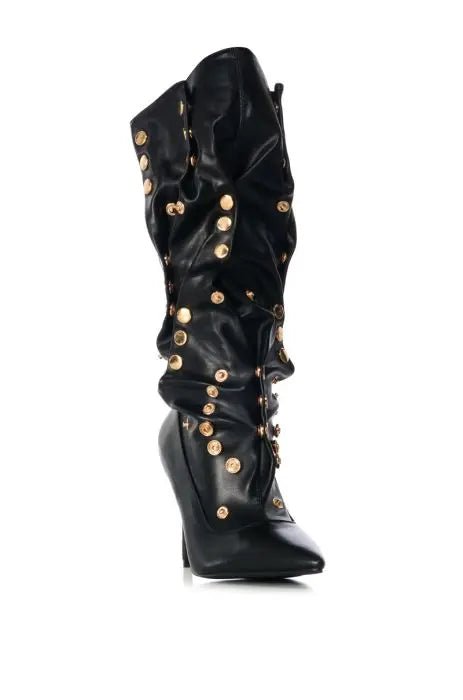Black Knee - High Boots with Gold Studs and Stiletto Heel - LiveTrendsX
