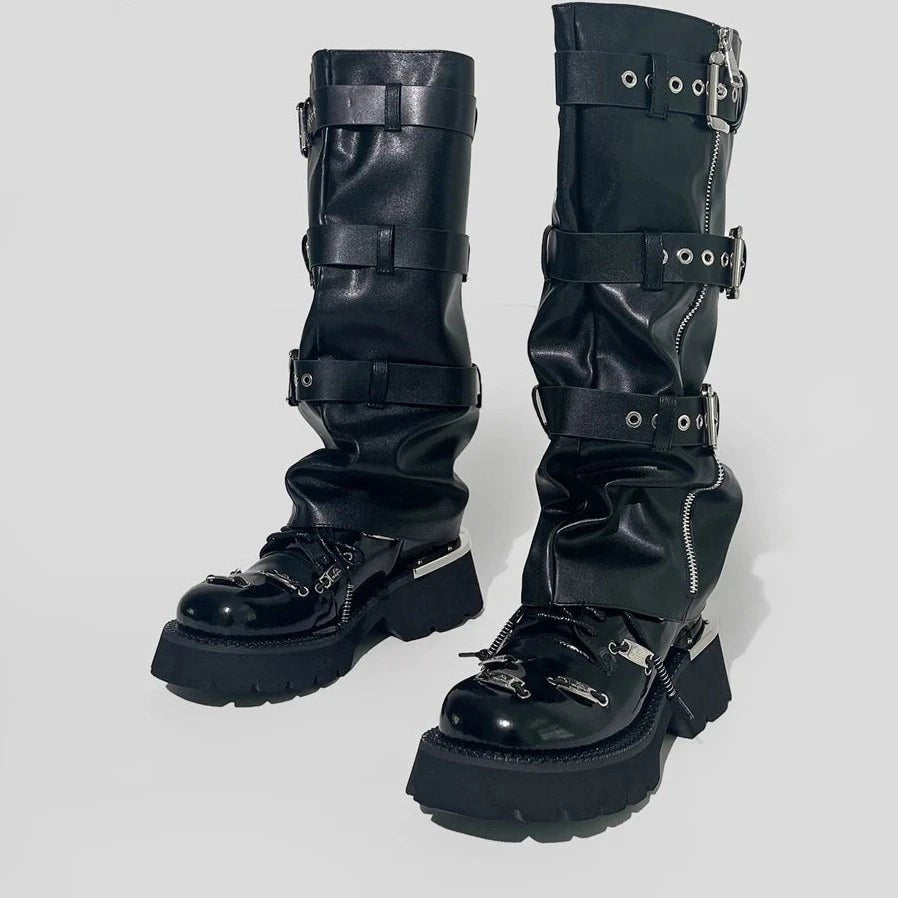 Black Microfiber Leather Punk Style Knee High Boots Round Toe Women Shoes - LiveTrendsX