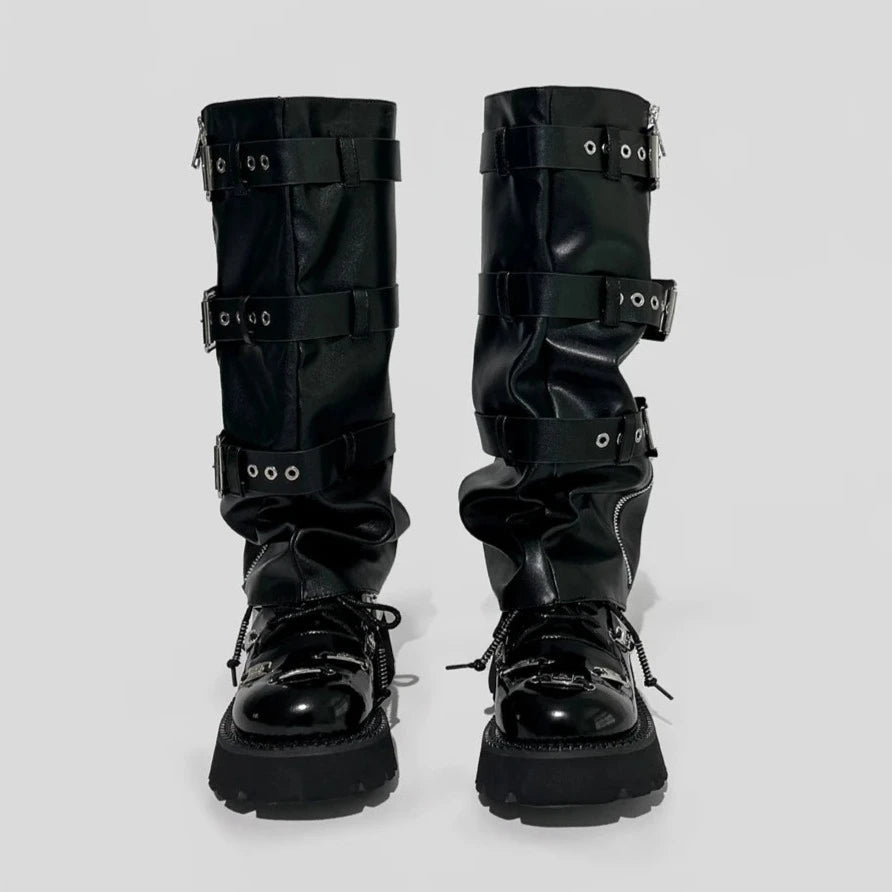 Black Microfiber Leather Punk Style Knee High Boots Round Toe Women Shoes - LiveTrendsX