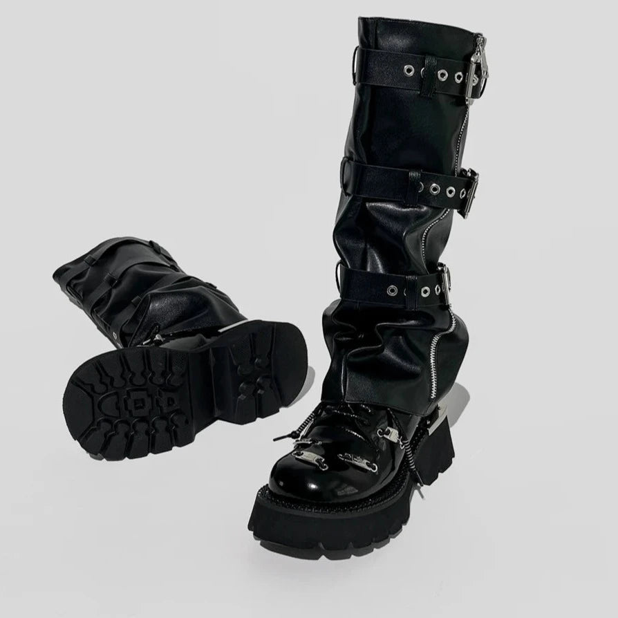 Black Microfiber Leather Punk Style Knee High Boots Round Toe Women Shoes - LiveTrendsX