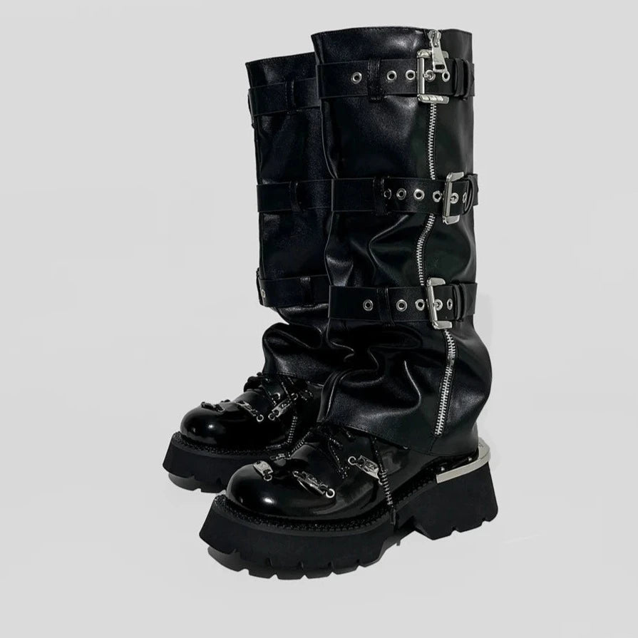 Black Microfiber Leather Punk Style Knee High Boots Round Toe Women Shoes - LiveTrendsX