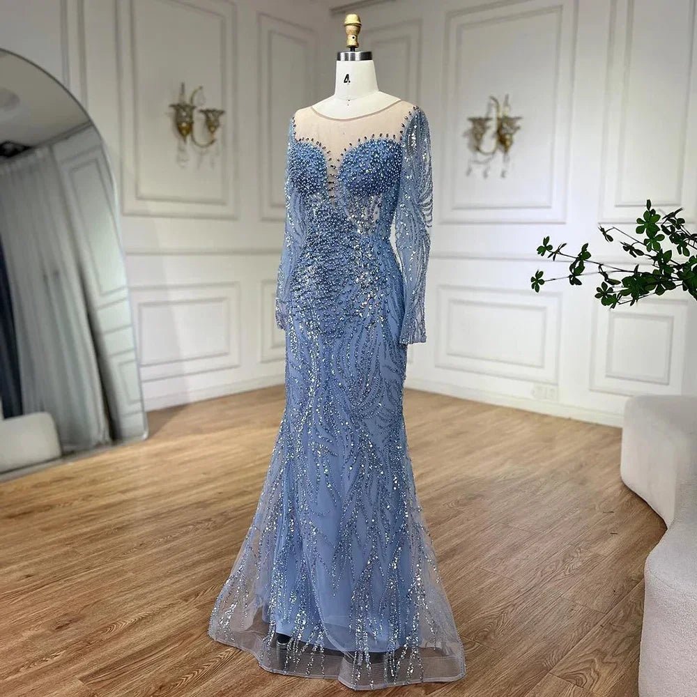 Blue Elegant Mermaid Evening Dress Luxurious Pearl Beaded Gown LiveTrendsX Blue Elegant Mermaid Evening Dress Luxurious Pearl Beaded Gown LiveTrendsX