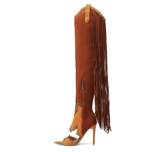 Blue Suede Rhinestone Over - The - Knee Boots - LiveTrendsX