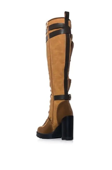 Brown Knee - High Boots with Straps and Gold Buckle Accents - LiveTrendsX