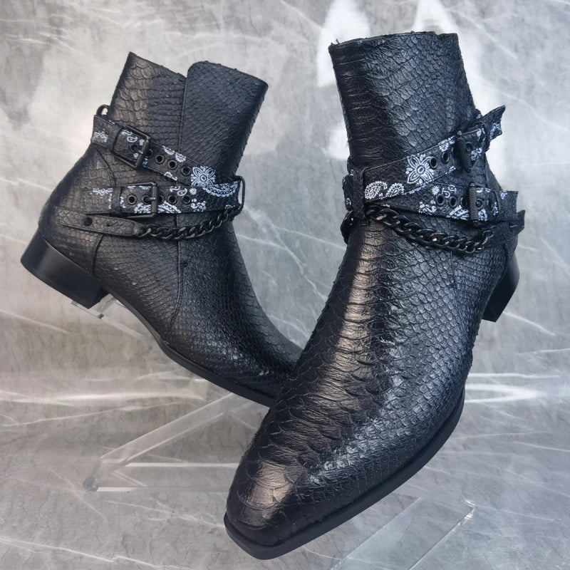 Buckle Strap Men's Leather Ankle Boots Crocodile Chain Print Black Shoes - LiveTrendsX