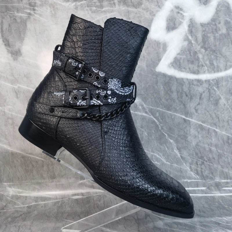 Buckle Strap Men's Leather Ankle Boots Crocodile Chain Print Black Shoes - LiveTrendsX