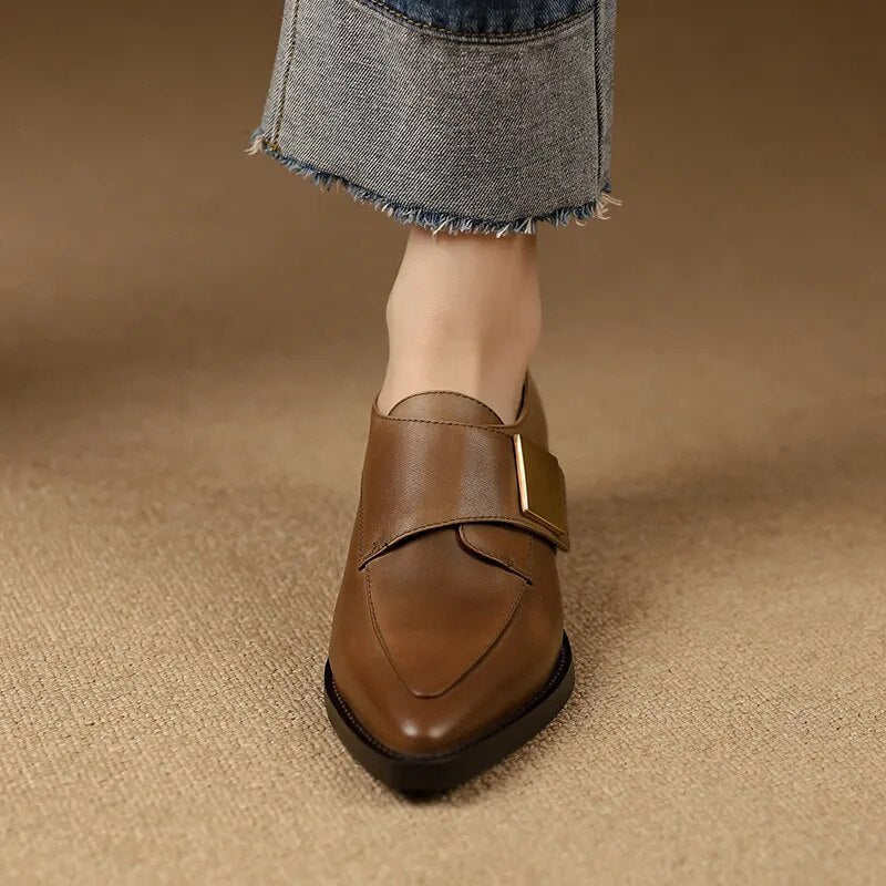 Chunky Heel Cow Leather Oxfords Buckle Pumps - LiveTrendsX