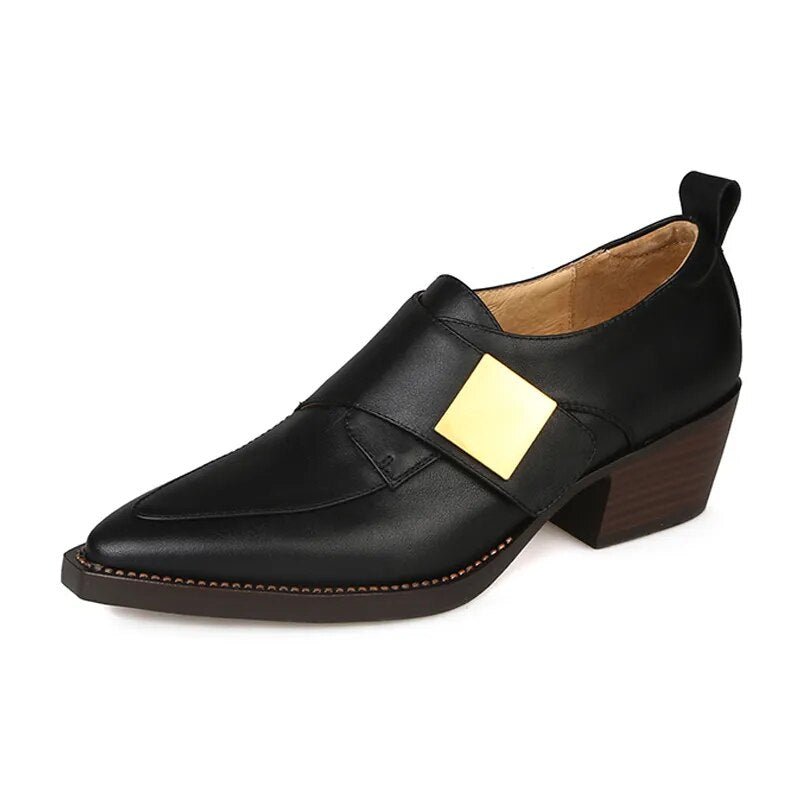 Chunky Heel Cow Leather Oxfords Buckle Pumps - LiveTrendsX
