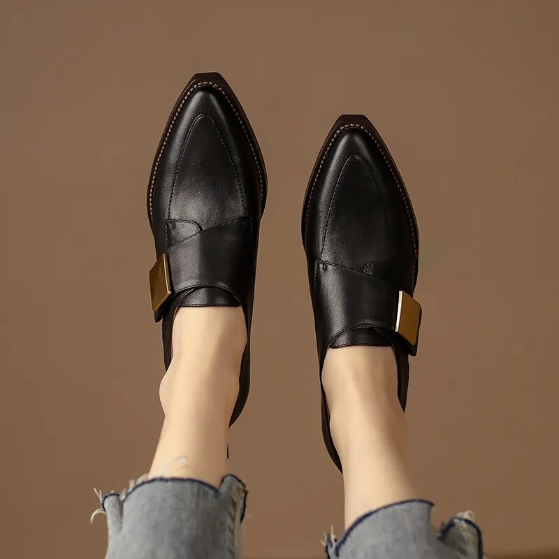 Chunky Heel Cow Leather Oxfords Buckle Pumps - LiveTrendsX