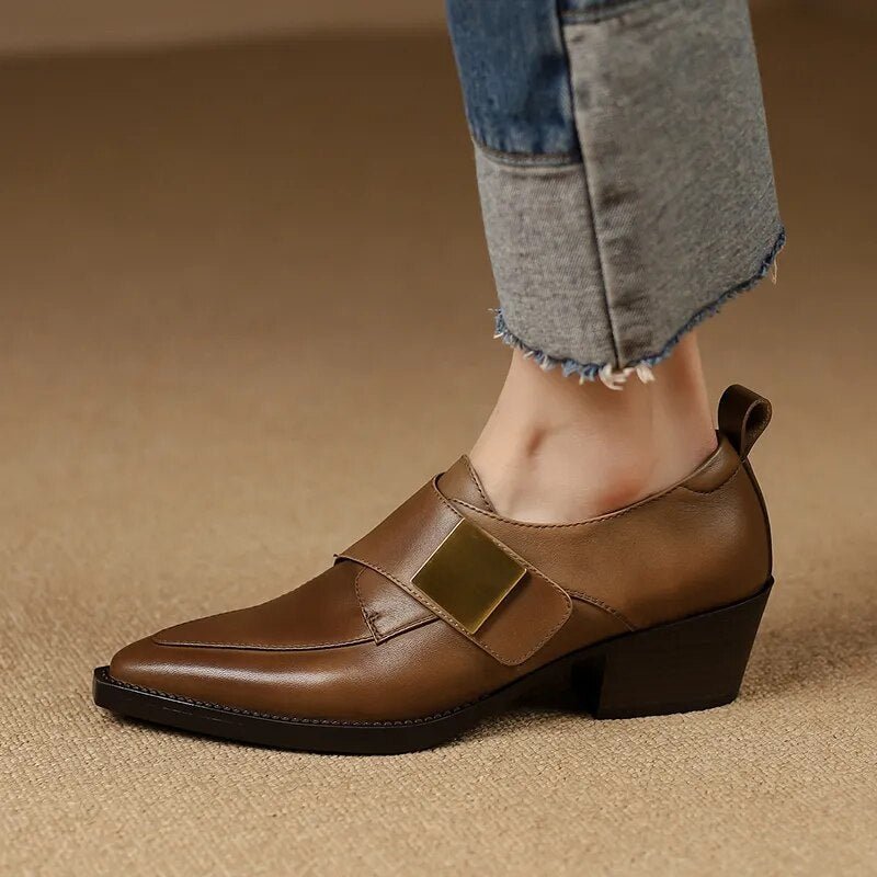 Chunky Heel Cow Leather Oxfords Buckle Pumps - LiveTrendsX