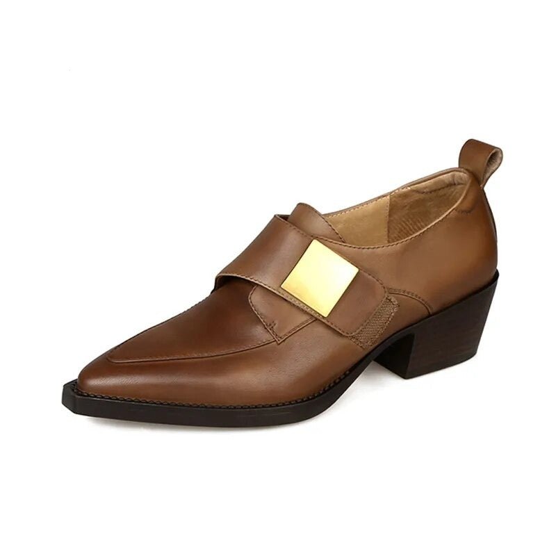Chunky Heel Cow Leather Oxfords Buckle Pumps - LiveTrendsX