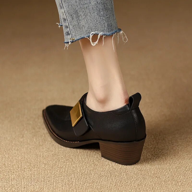 Chunky Heel Cow Leather Oxfords Buckle Pumps - LiveTrendsX