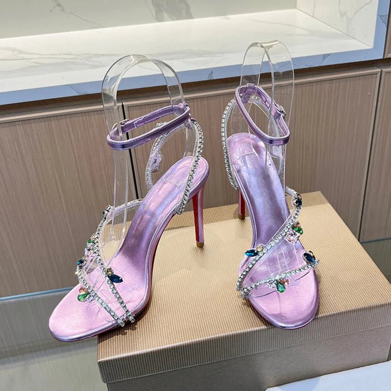 Crystal Decorated Women's High Heels Sandals Ankle Strap Stiletto Open Toe Sexy Shoes - LiveTrendsX