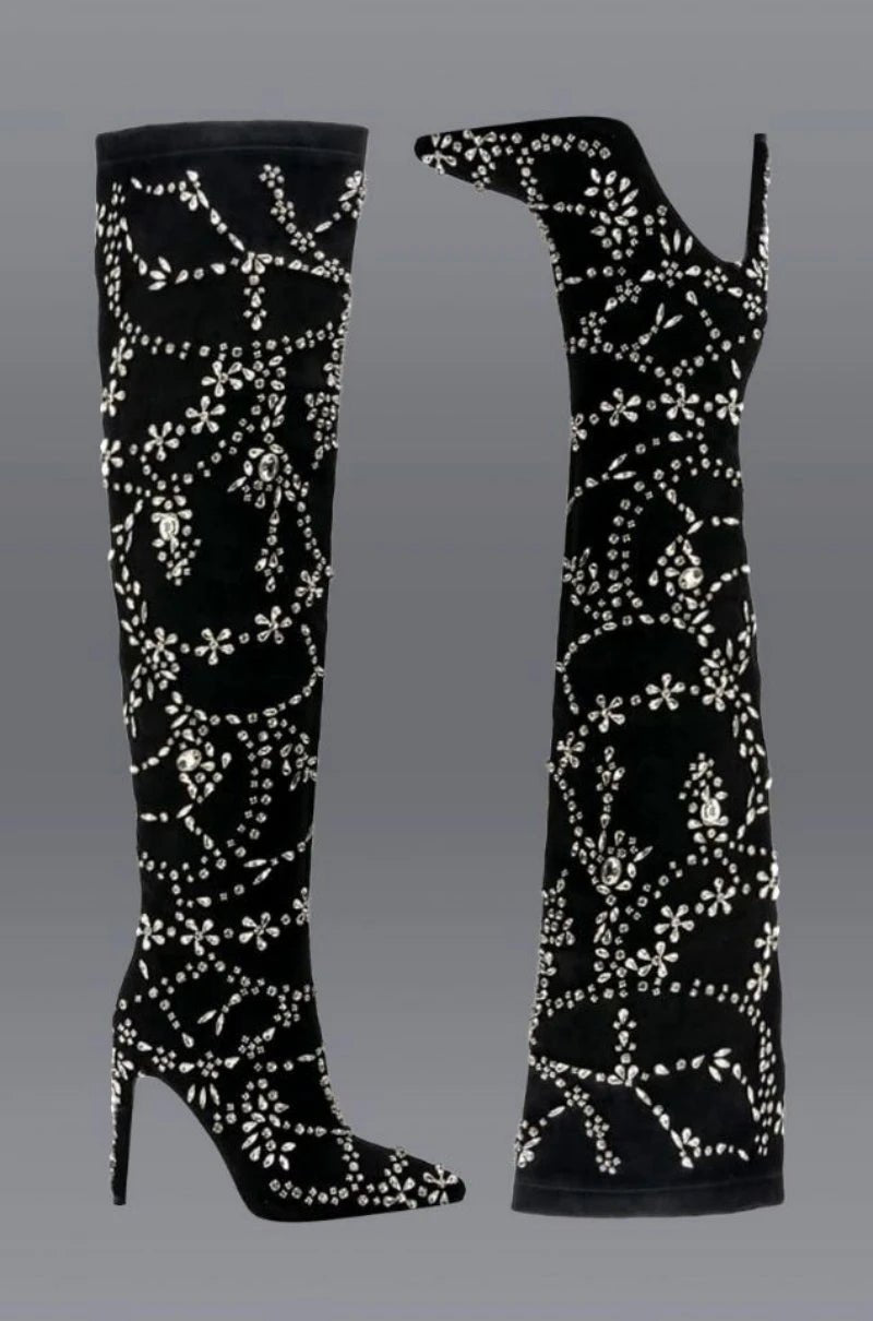 Crystal Embellished Black Stiletto High Heels Over knee Elasticity Boots Women Shoes - LiveTrendsX