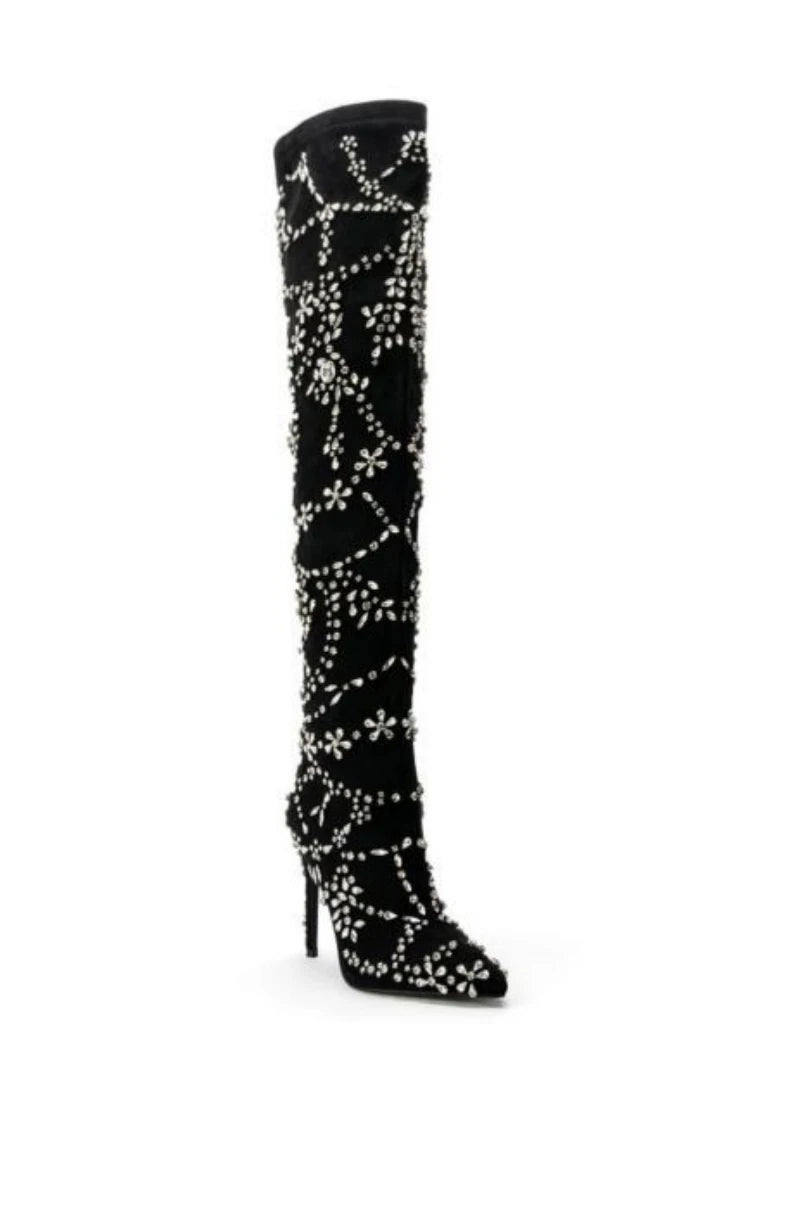 Crystal Embellished Black Stiletto High Heels Over knee Elasticity Boots Women Shoes - LiveTrendsX