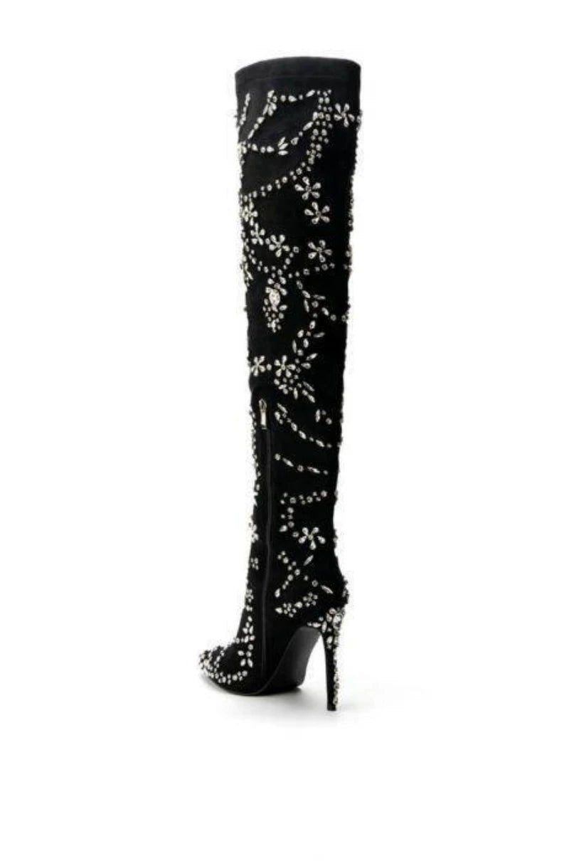 Crystal Embellished Black Stiletto High Heels Over knee Elasticity Boots Women Shoes - LiveTrendsX