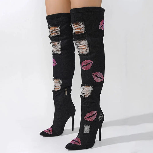 Distressed Denim Over - The - Knee Boot - LiveTrendsX