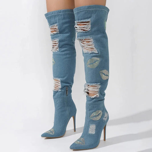 Distressed Denim Over - The - Knee Boot - LiveTrendsX