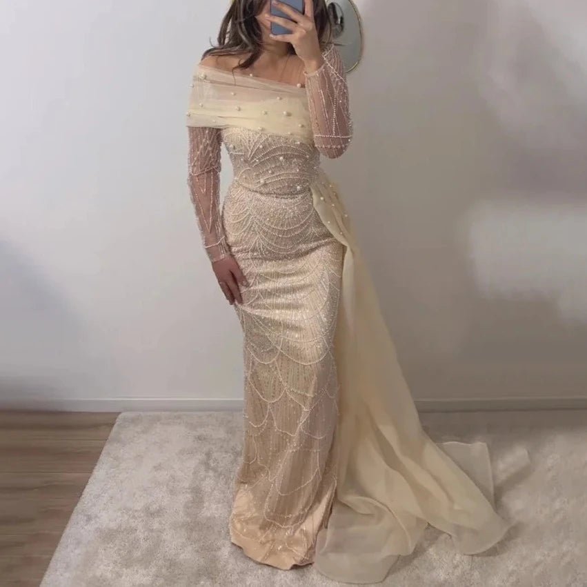 Elegant Mermaid Overskirt Evening Gown in Nude Theme - LiveTrendsX