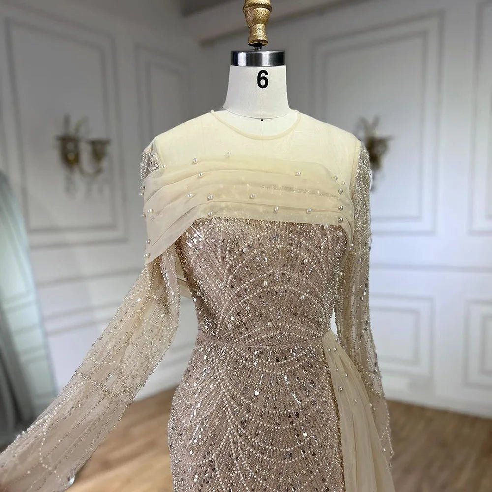 Elegant Mermaid Overskirt Evening Gown in Nude Theme - LiveTrendsX