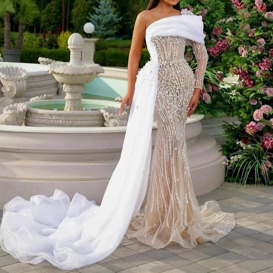 Elegant One Shoulder White Nude Evening Dress Luxury Pearl Beaded Gown - LiveTrendsX
