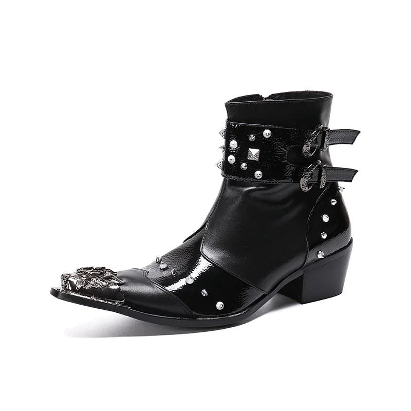 Fashion Punk Rivets Men Genuine Leather Boots Metal Pointed Toe Motorcycle Boots - LiveTrendsX