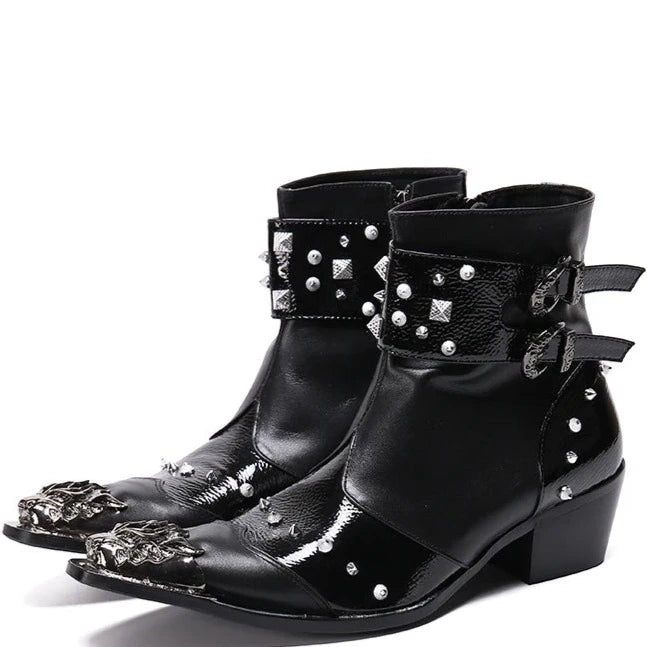 Fashion Punk Rivets Men Genuine Leather Boots Metal Pointed Toe Motorcycle Boots - LiveTrendsX