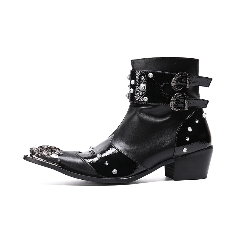 Fashion Punk Rivets Men Genuine Leather Boots Metal Pointed Toe Motorcycle Boots - LiveTrendsX