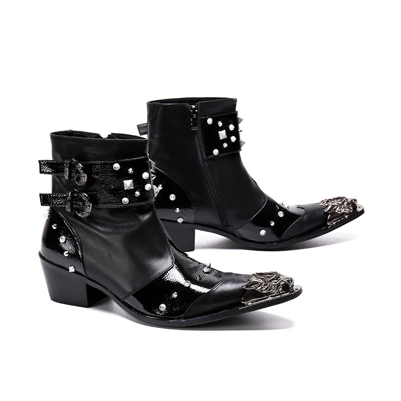 Fashion Punk Rivets Men Genuine Leather Boots Metal Pointed Toe Motorcycle Boots - LiveTrendsX