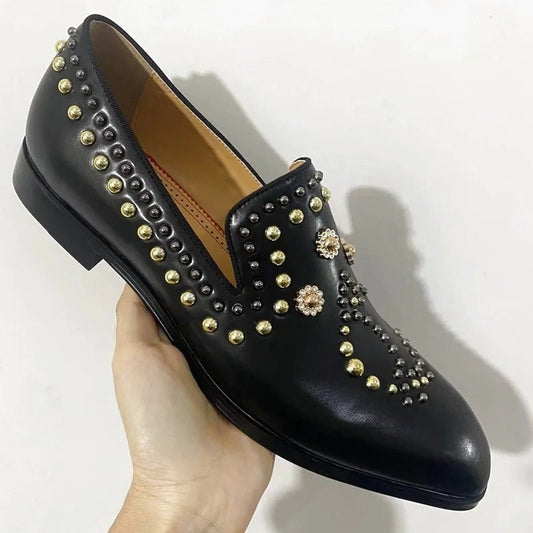Genuine Leather Men Luxury Beaded Rivets Loafers Slip On Flats Dress Shoes - LiveTrendsX