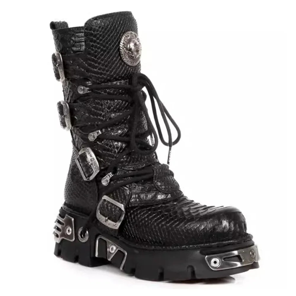 Genuine Leather Mid - Calf Motorcycle Boots Pattern Lace Up Round Toe Platform - LiveTrendsX