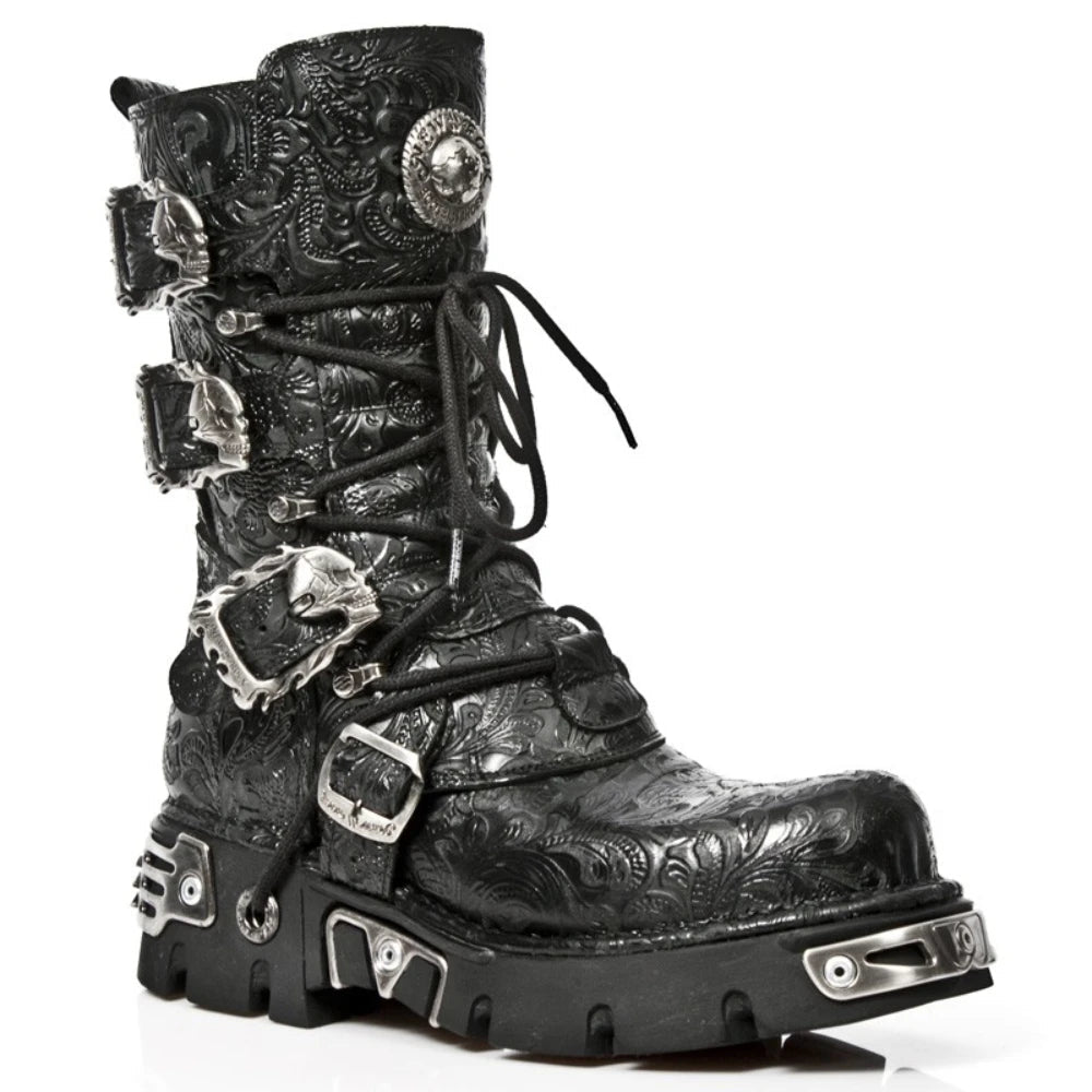 Genuine Leather Mid - Calf Motorcycle Boots Pattern Lace Up Round Toe Platform - LiveTrendsX