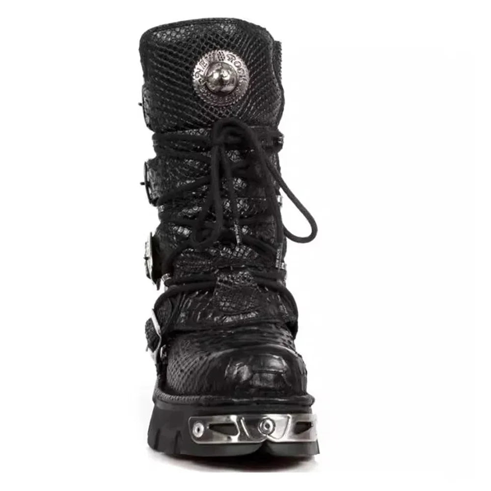 Genuine Leather Mid - Calf Motorcycle Boots Pattern Lace Up Round Toe Platform - LiveTrendsX