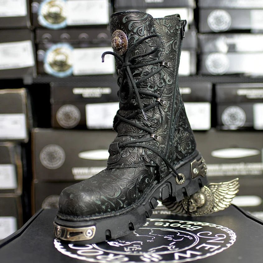 Genuine Leather Mid - Calf Motorcycle Boots Pattern Lace Up Round Toe Platform - LiveTrendsX